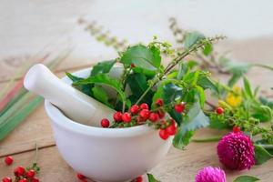 Fresh herbs in the mortar, alternative medicine photo