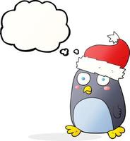 freehand drawn thought bubble cartoon penguin in christmas hat vector