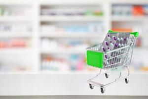 medicine pills capsule in shopping cart on pharmacy store counter with blur drugstore shelves defocused background photo