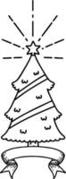 scroll banner with black line work tattoo style christmas tree with star vector