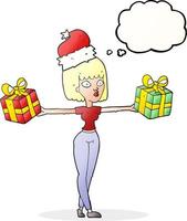 freehand drawn thought bubble cartoon woman with xmas presents vector