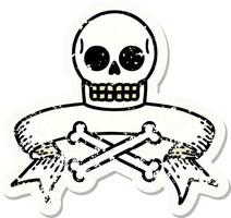 worn old sticker with banner of a skull vector