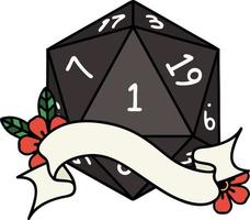 Retro Tattoo Style natural one d20 dice roll vector