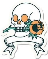 tattoo style sticker with banner of a skull and rose vector