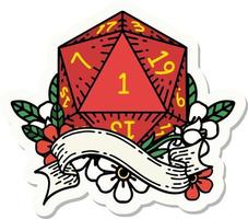 sticker of a natural one d20 dice roll vector