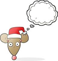 Ratón de dibujos animados de burbuja de pensamiento dibujado a mano alzada en sombrero de navidad vector