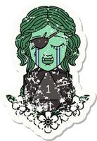 grunge sticker of a crying half orc rogue character with natural one D20 roll vector