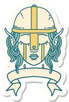 sticker of a crying elf fighter character face with banner vector