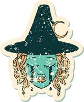 Retro Tattoo Style crying half orc witch character face vector