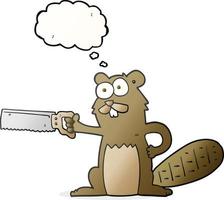 freehand drawn thought bubble cartoon beaver with saw vector