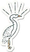 worn old sticker of a tattoo style standing stork vector