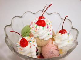 Ice cream scoops with cherry and whipped cream photo