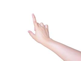 female hand touching or pointing to something isolated on white photo