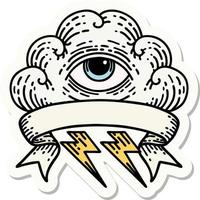 pegatina estilo tatuaje con pancarta de una nube de ojos que todo lo ve vector