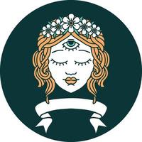 tattoo style icon with banner of female face with third eye and crown of flowers vector