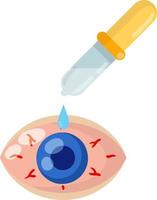 Pipette and eyedropper. Flat Drop of water. Blue human pupil. Red eye disease. Medicine for blood vessels and Allergy Problems. Conjunctivitis and health vector