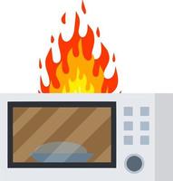 Microwave on fire. Repair and breakdown of device. trouble cooking. Dangerous fire situation. Cartoon flat illustration. Flames in kitchen. Problem with household appliances vector