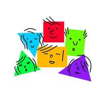 Pile of Various bright basic Geometric Figures with face emotions. Group of man and woman. Cute funny square and triangle characters. Hand drawn trendy Vector illustration for kids