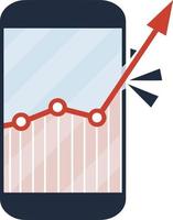 horario comercial con flecha roja en la pantalla del teléfono móvil. gráfico en el teléfono inteligente. solicitud de comercio en línea y estadísticas. el crecimiento rompe confines y límites. ilustración plana de dibujos animados vector