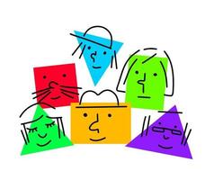 Pile of Various bright basic Geometric Figures with face emotions. Group of man and woman. Cute funny square and triangle characters. Hand drawn trendy Vector illustration for kids