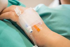 Asian woman patient hand on IV drip with saline solution, fluid replacement therapy photo