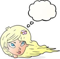 freehand drawn thought bubble cartoon woman with blowing hair vector