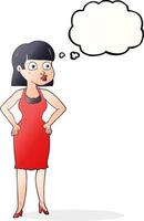 freehand drawn thought bubble cartoon woman in dress with hands on hips vector