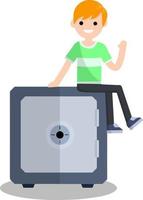 Young guy sitting on Bank safe with money. Place to store cash, business Deposit. Smiling man client. Cartoon flat illustration. Reliability and security of economy vector