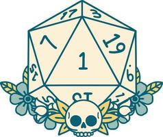 Retro Tattoo Style natural one dice roll with floral elements vector