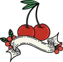 traditional tattoo with banner of cherries vector