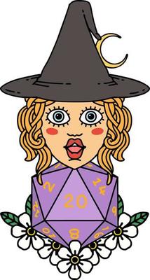 Retro Tattoo Style human witch with natural twenty dice roll