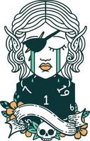 Retro Tattoo Style sad elf rogue character face with natural one d20 roll vector