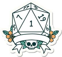 sticker of a natural one d20 dice roll vector