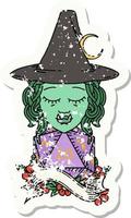 grunge sticker of a half orc mage with natural 20 dice roll vector