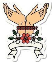 tattoo style sticker with banner of hands tied vector