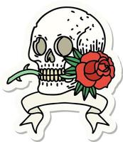 tattoo style sticker with banner of a skull and rose vector