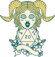 Retro Tattoo Style tiefling with natural twenty dice roll vector