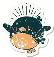 worn old sticker of a tattoo style flapping robin vector