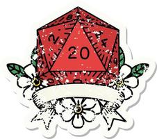 grunge sticker of a natural 20 critical hit D20 dice roll vector