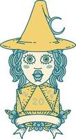 Retro Tattoo Style human witch with natural twenty dice roll vector