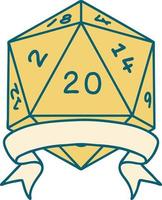 estilo de tatuaje retro natural 20 golpe crítico d20 tirada de dados vector