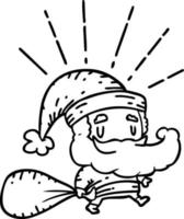 ilustración de un personaje de navidad de santa claus estilo tatuaje de línea negra tradicional con saco vector