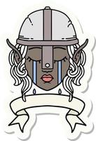 sticker of a crying elf fighter character face with banner vector