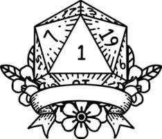 Black and White Tattoo linework Style natural one d20 dice roll vector