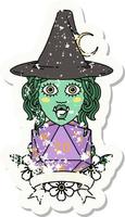 grunge sticker of a half orc witch character with natural 20 dice roll vector