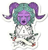 grunge sticker of a crying tiefling with natural one D20 roll vector