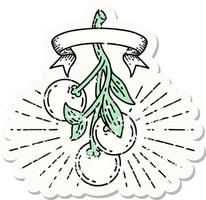 worn old sticker of a tattoo style mistletoe berries vector