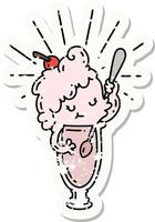 worn old sticker of a tattoo style ice cream character vector