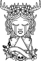 Black and White Tattoo linework Style crying elf druid character face with natural one D20 dice roll vector