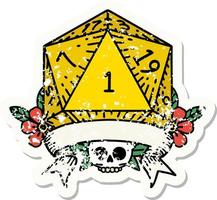 grunge sticker of a natural one d20 dice roll vector